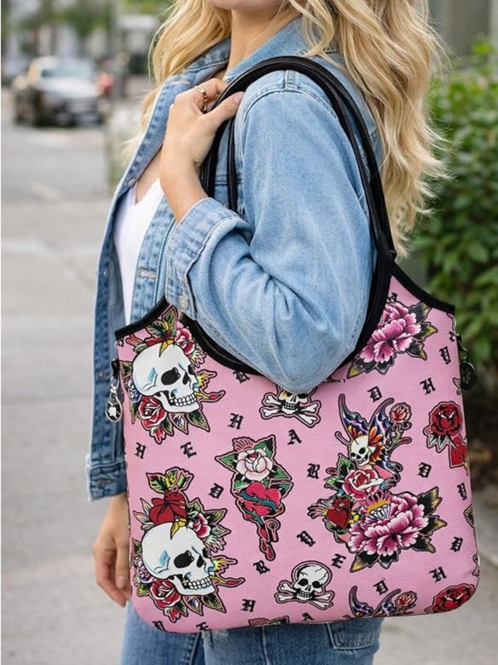 NWT Ed Hardy: Women's Faux Leather Tote Bag (Skull Rose Pink) - Picture 2 of 14